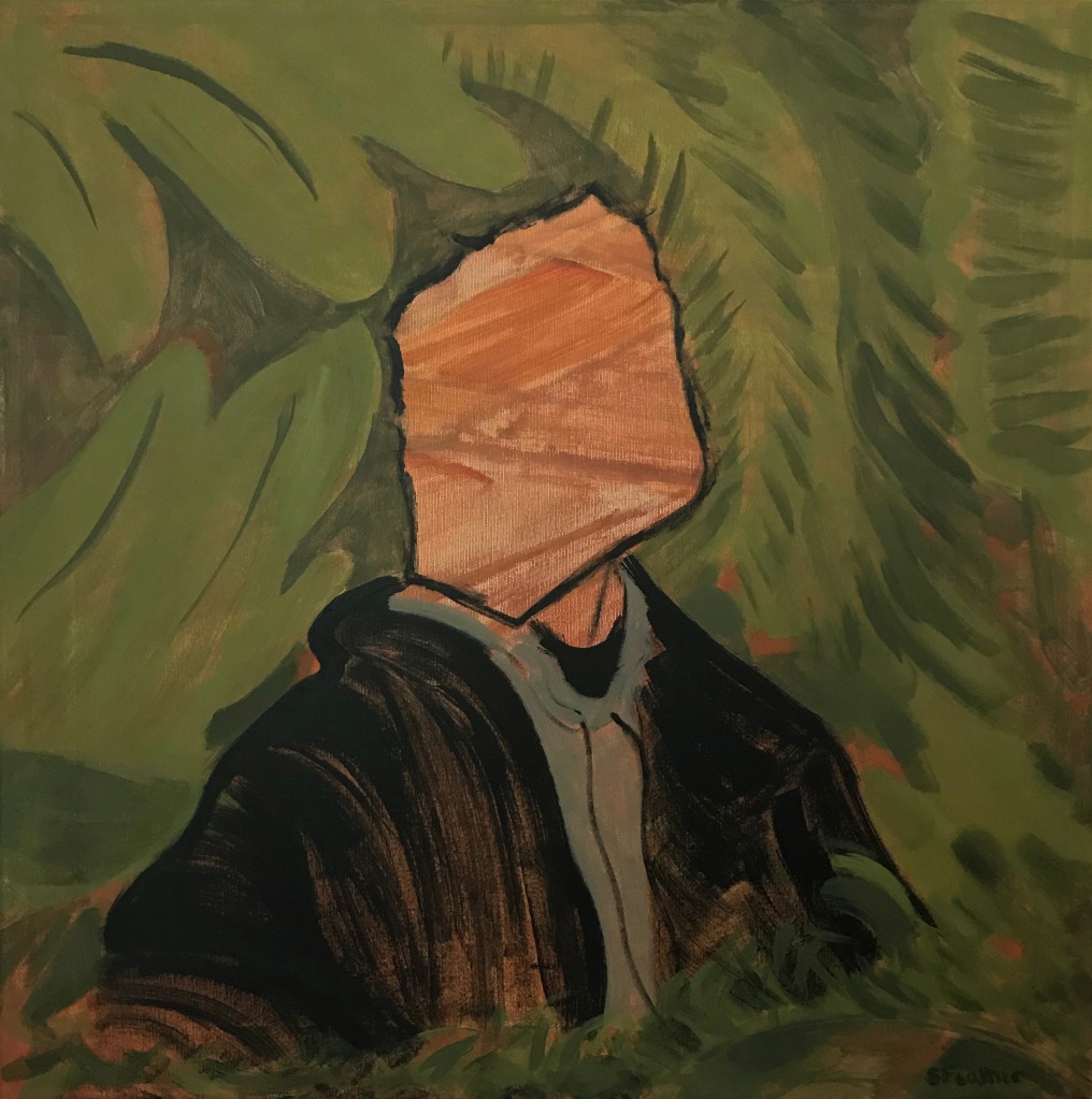 Picture of a painting showing an abstract portrait of a figure with no face.