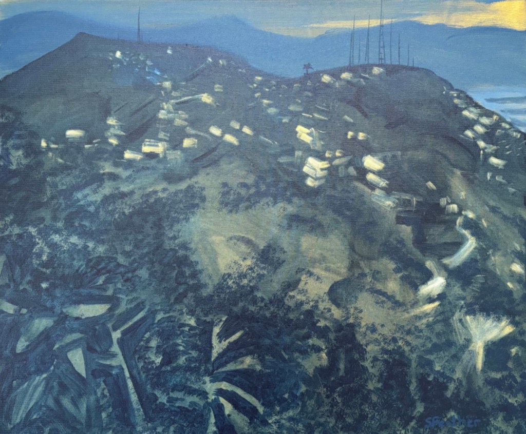 A landscape painting of mountains at night time with the dark silhouettes of trees and radio masts on the horizon.