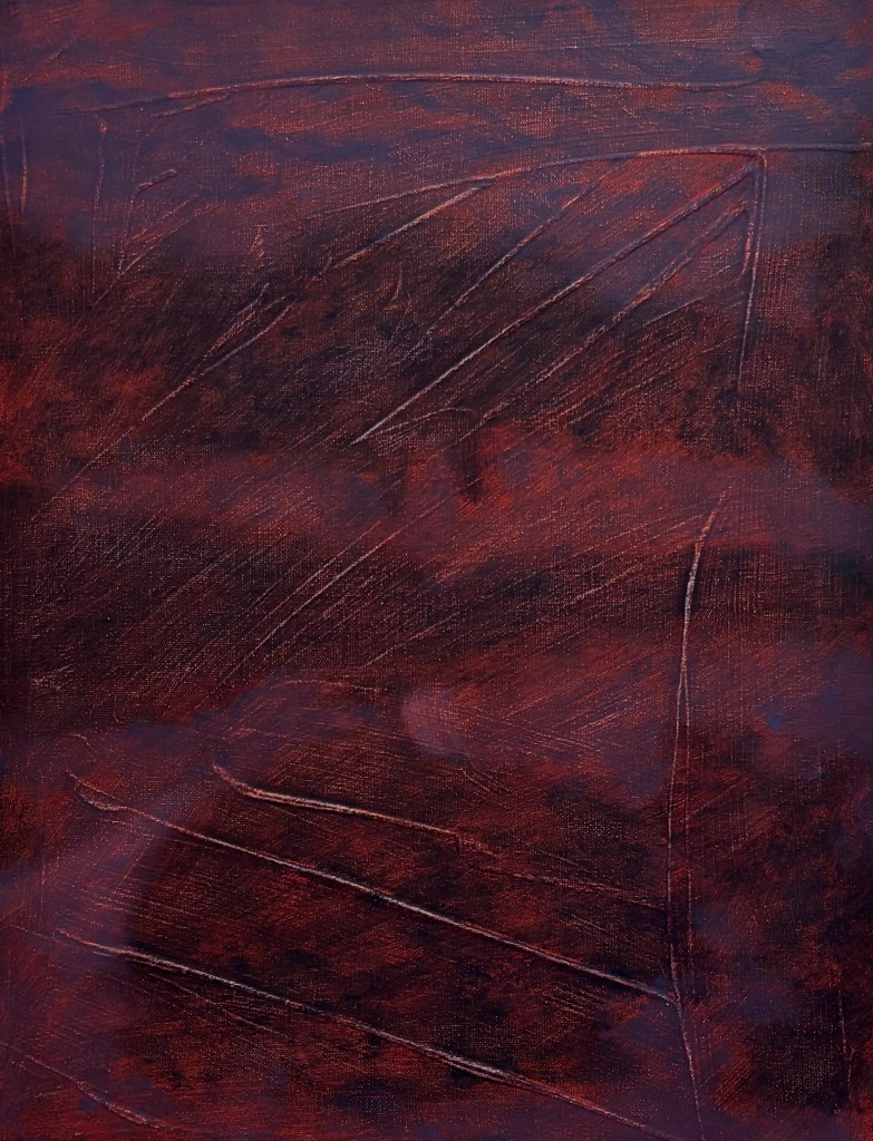 Picture of a dark purple and red landscape painting with textured markings and forms.